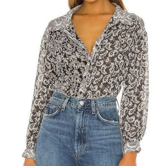 Free People Button Up Blouse Sz M Dani Black Paisley Snakeskin Semi Sheer Shirt - Picture 2 of 11